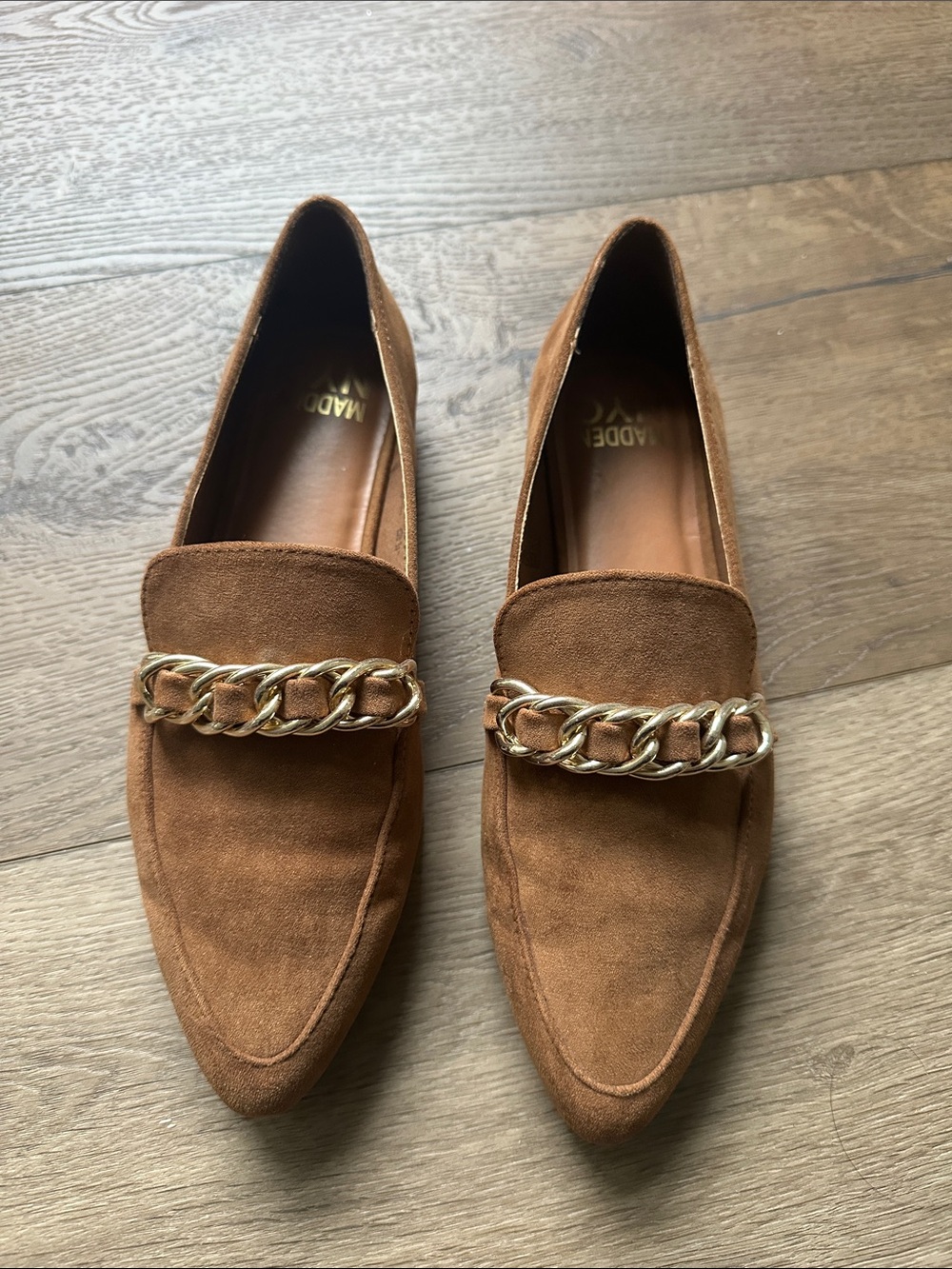Suede Chain-Trim Loafers in Brown
